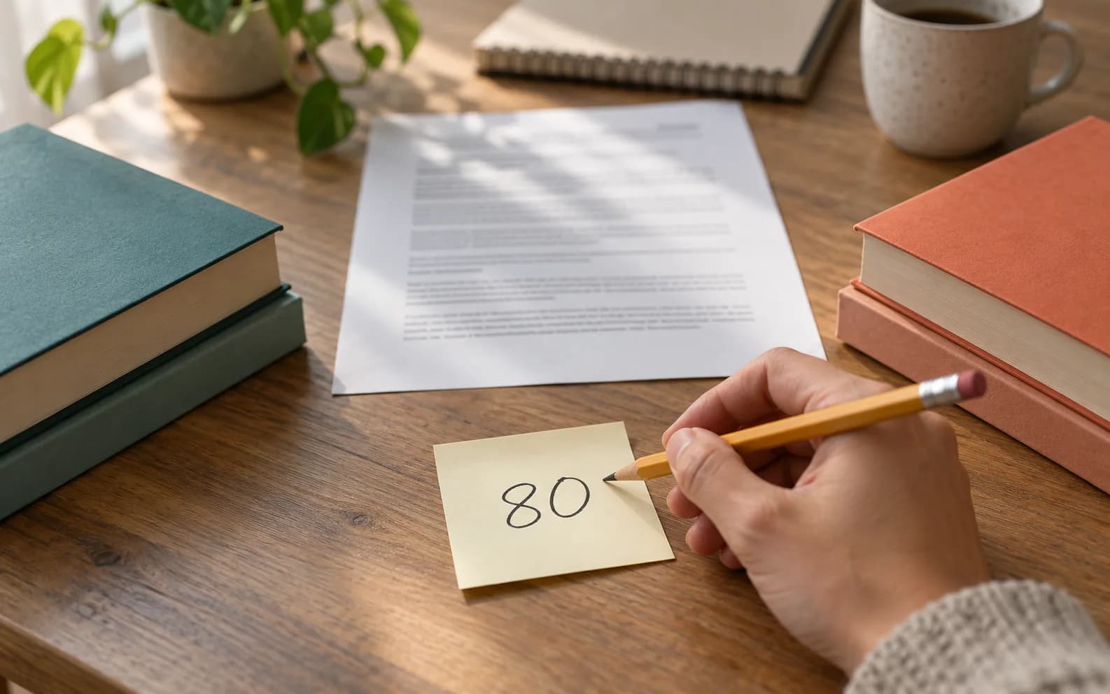 Üzerinde elle 80 yazılı bir yapışkan notun üstünde duran kurşun kalem; iki yanda aynı boyda iki küçük kitap yığını
