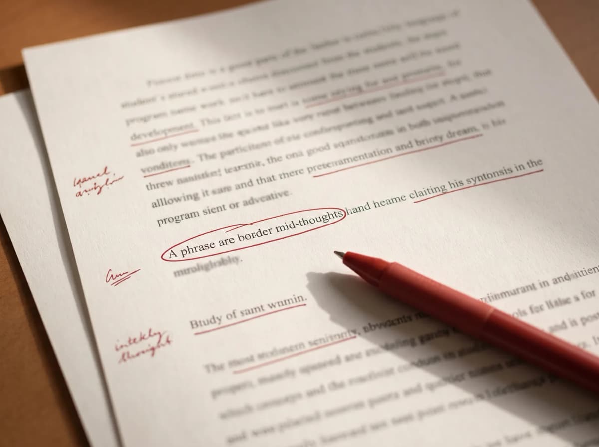 A teacher's red pen resting on a printed page of student writing covered in margin notes