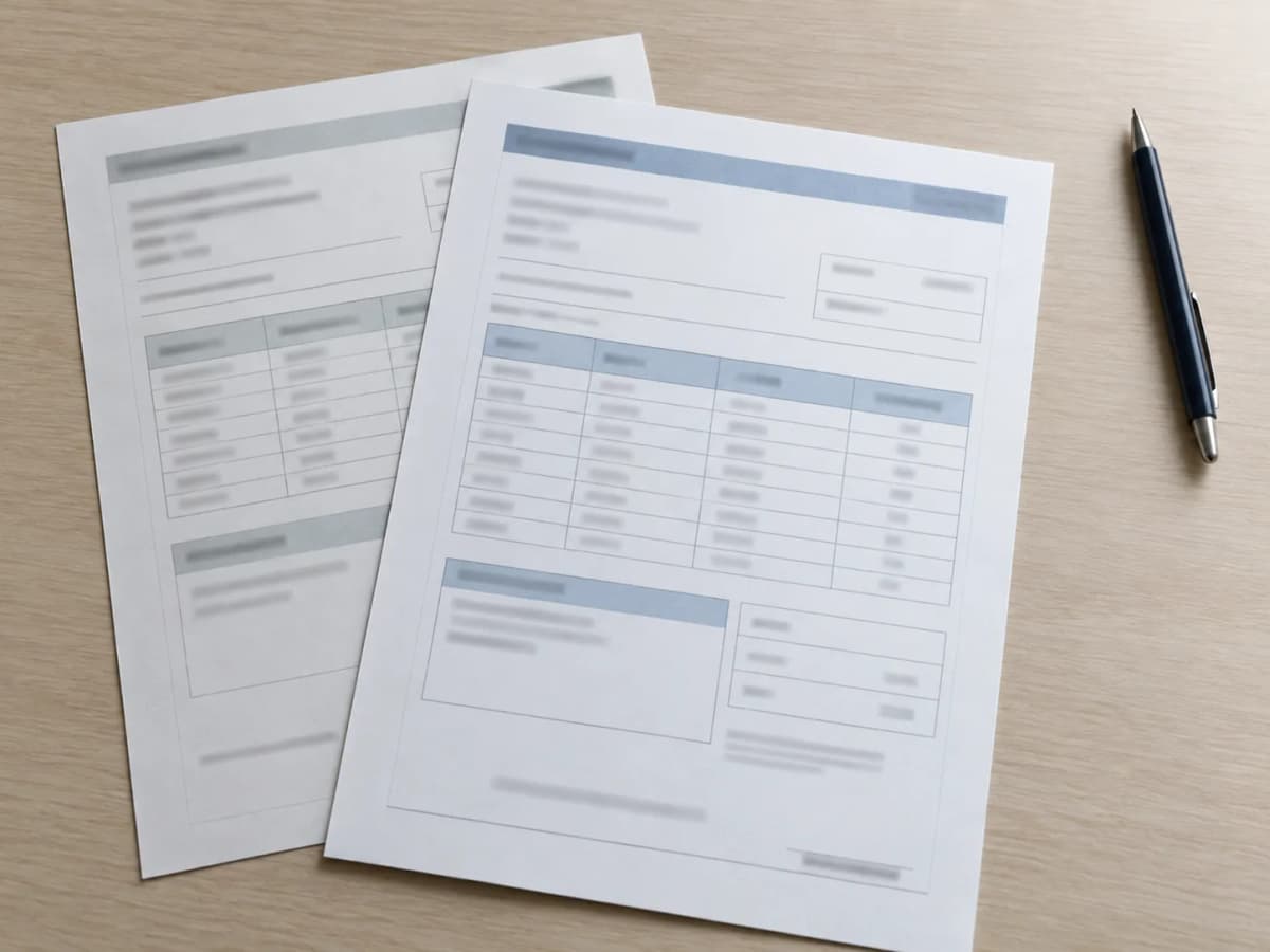 Two documents resembling TOEFL and IELTS score reports lying side by side on a desk, one pulled slightly forward