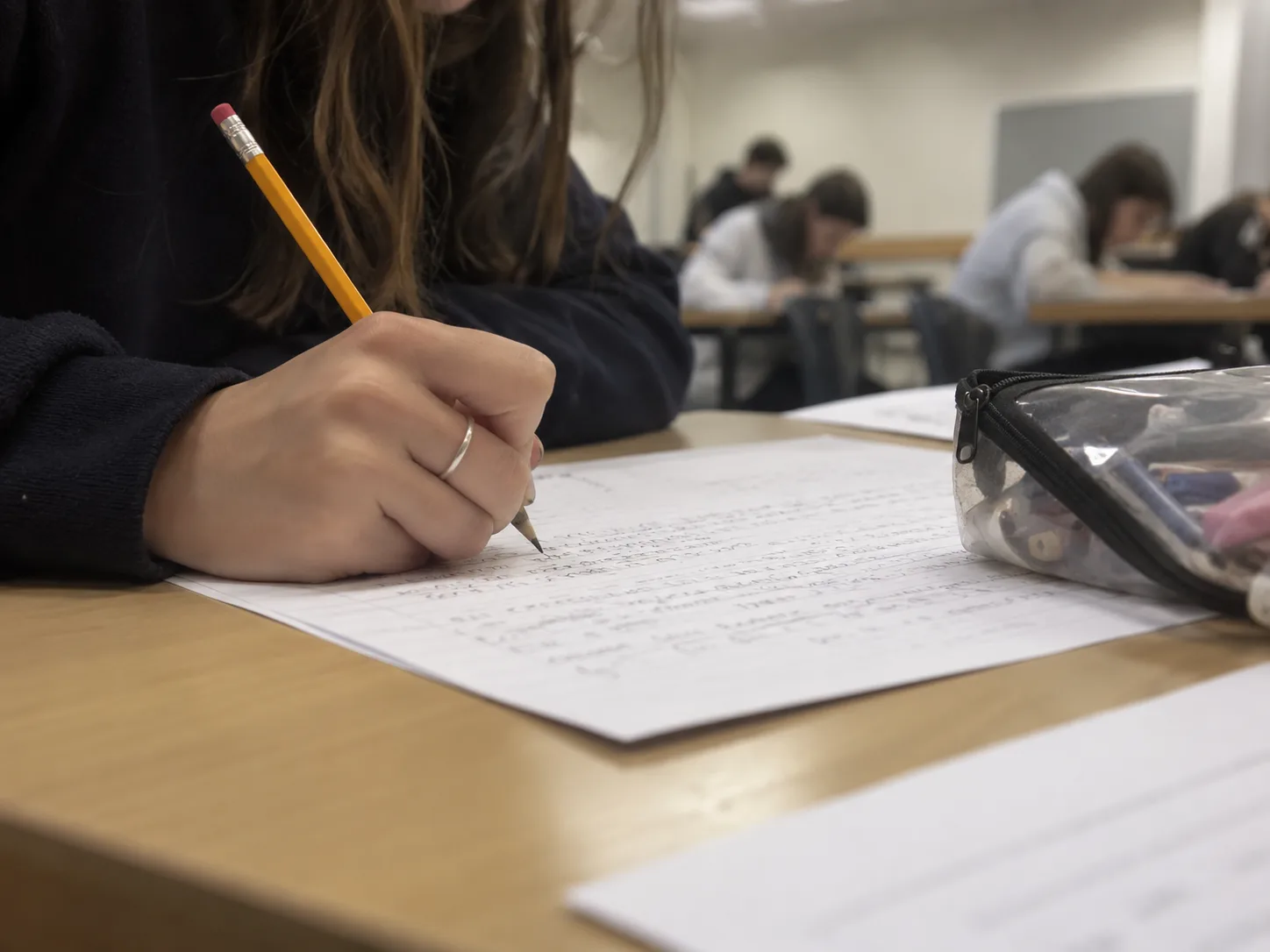 Bilgisayar ekranı ve kulaklığın yanında boş bir kağıt ve kalemin durduğu, boş bir IELTS sınav merkezi masası
