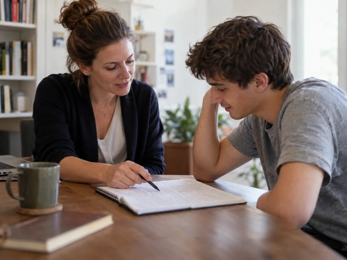 A teacher and student sitting across from each other working through a text together, the teacher pointing to a sentence with a pen