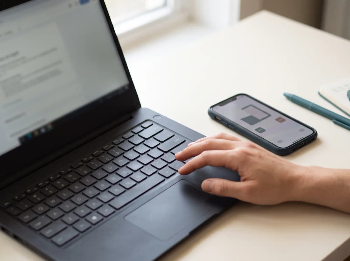 A hand completing an online payment form on a laptop, a phone with a timer app open beside it