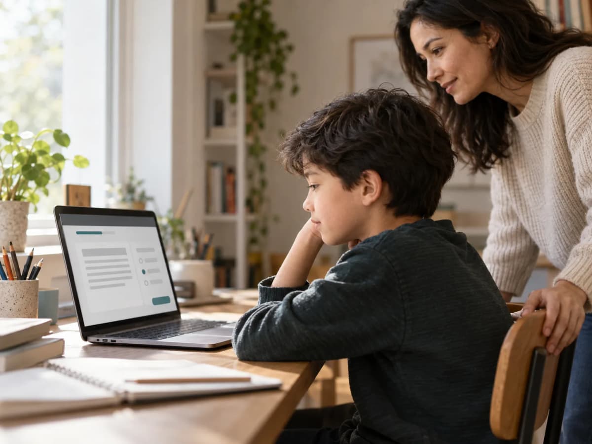 A young student sitting at a desk with a laptop open to a language exam interface, a parent standing nearby looking at the screen