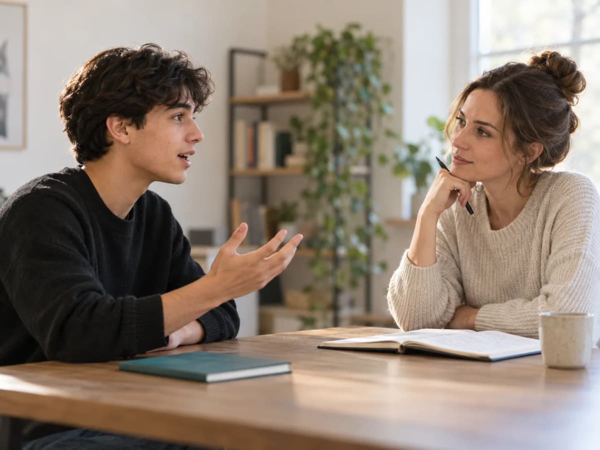 A student sitting across from a teacher at a small table, mid-conversation in what looks like a spoken practice session, with the student gesturing as they explain an idea