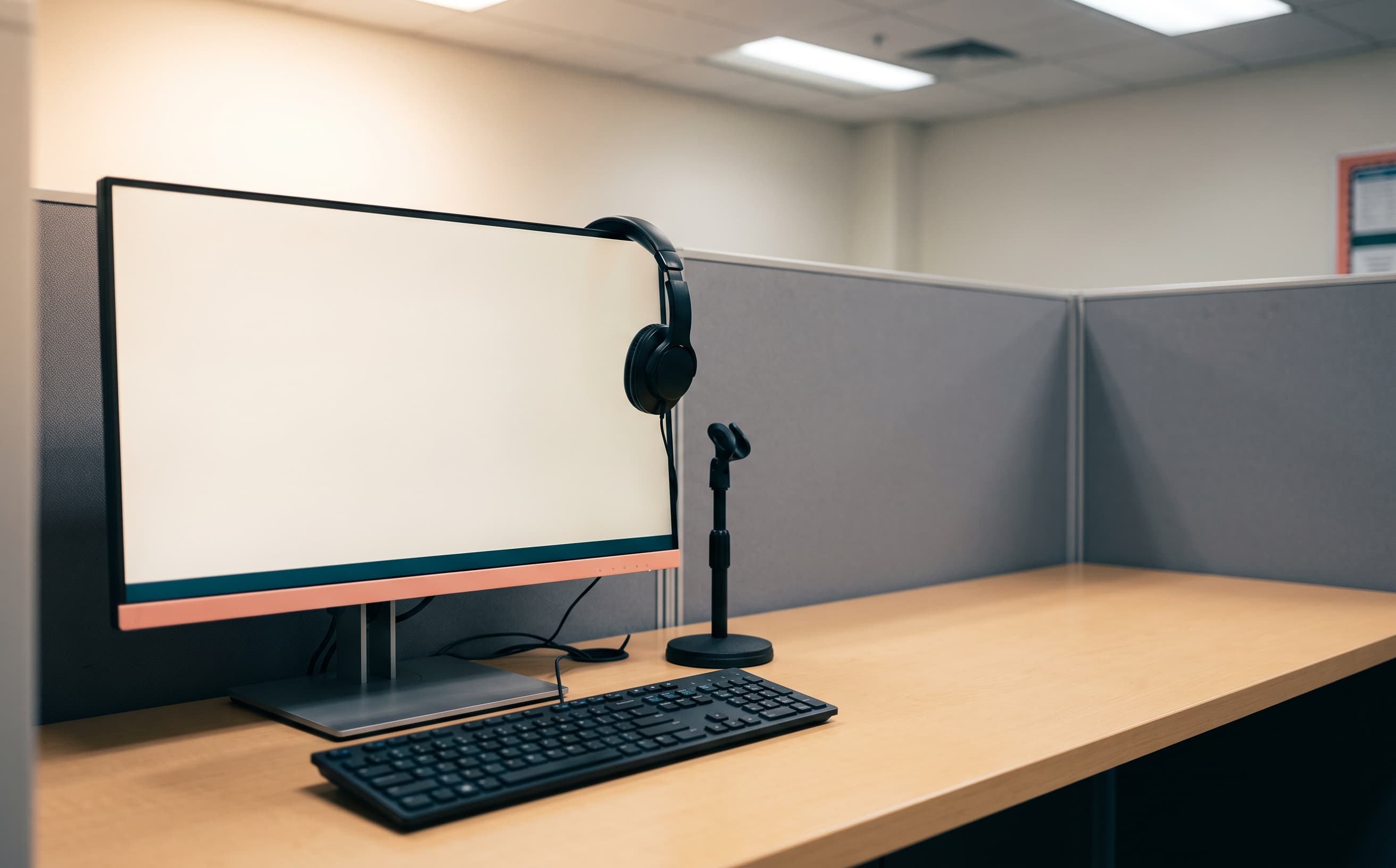 An empty test centre workstation with headphones resting on the monitor
