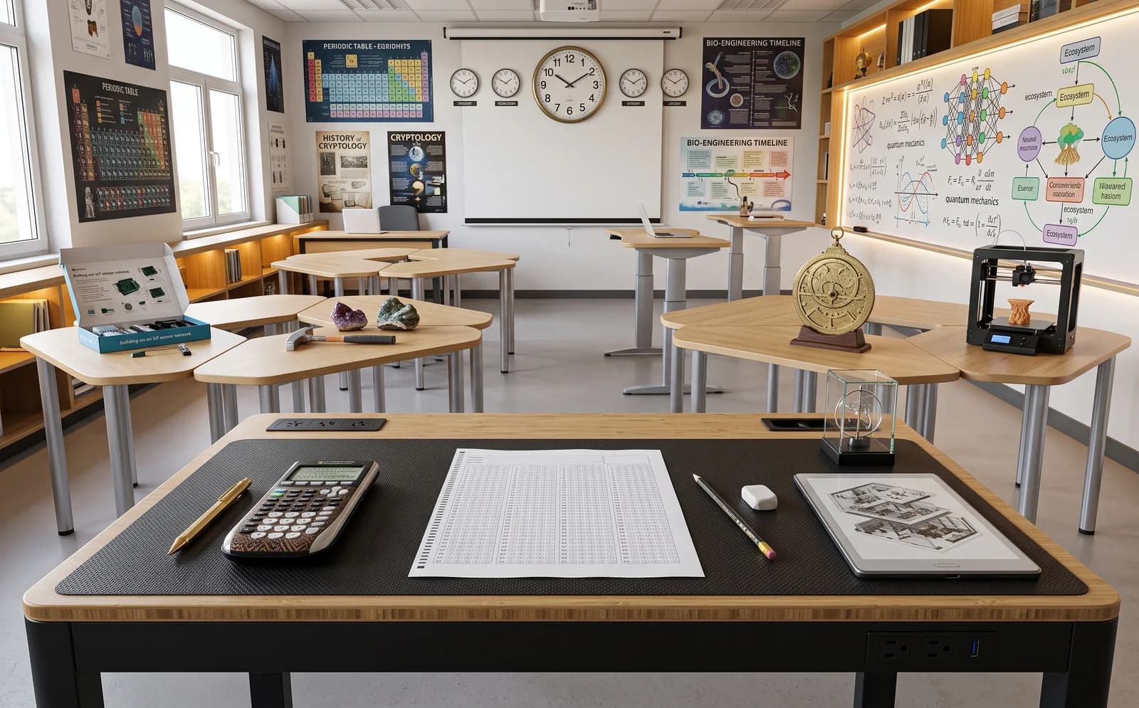 An empty exam desk with an answer sheet, pencil and clock before candidates arrive