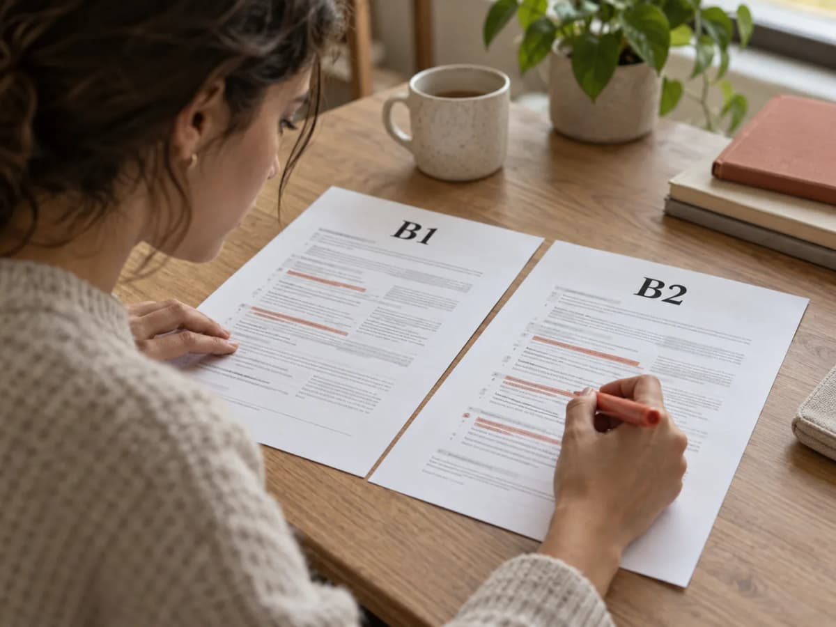 A person at a desk comparing two printed Spanish exam papers side by side, one marked B1 and one marked B2, with a highlighter in hand