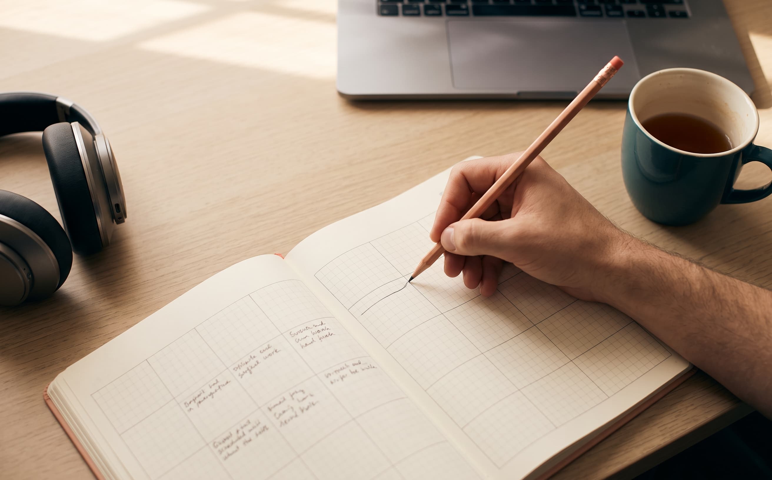 A student planning an eight week study schedule in a notebook