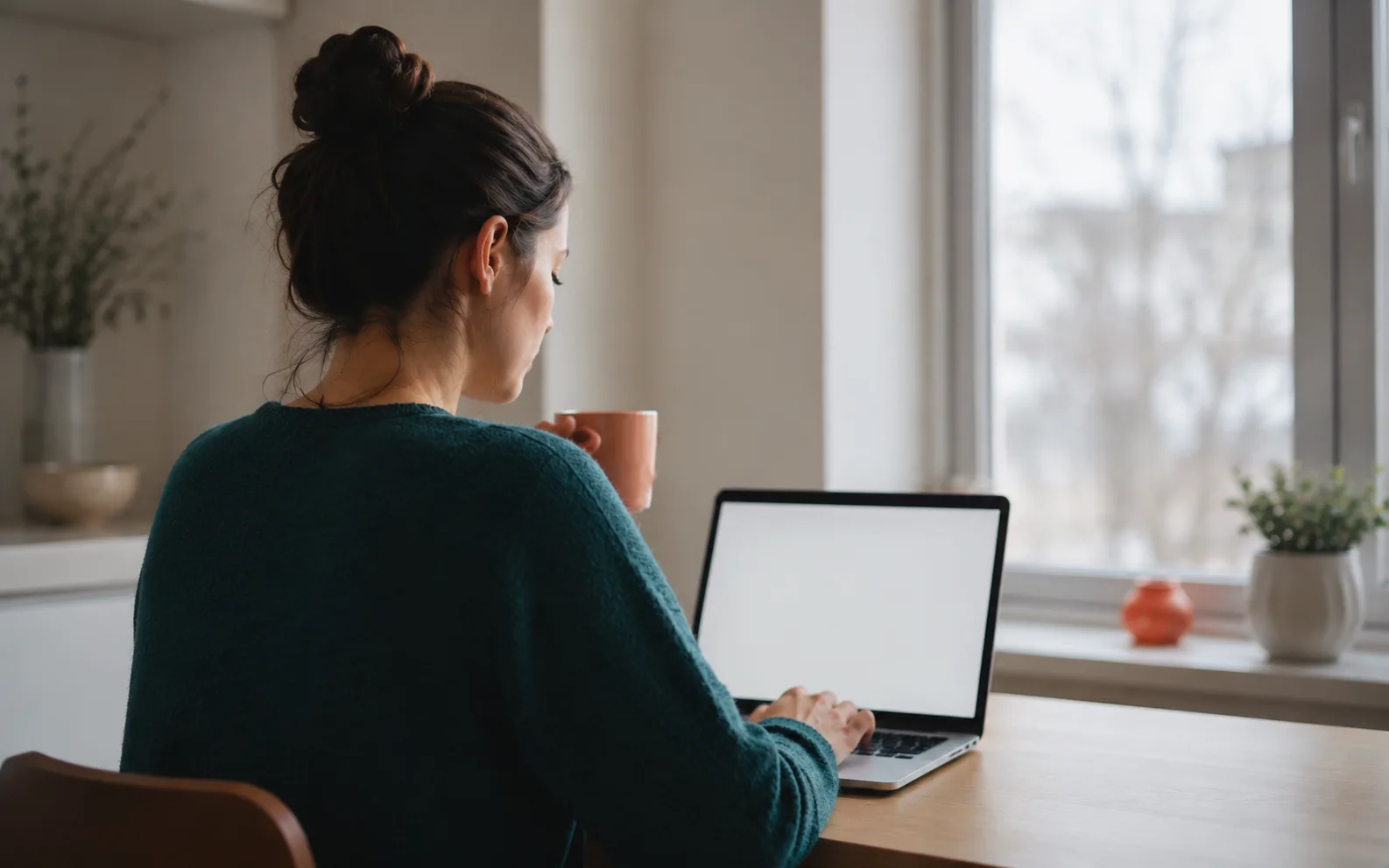 A student at a kitchen table reading her exam results on a laptop in morning light