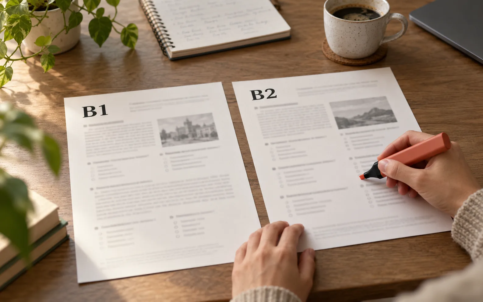 A person's hands at a desk holding a highlighter over two printed exam papers side by side, one labeled B1 and one labeled B2