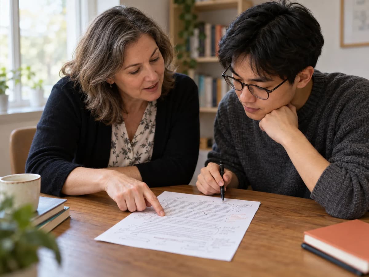 A teacher and a student sitting at a table together, both looking at a printed essay covered in handwritten margin notes and underlines