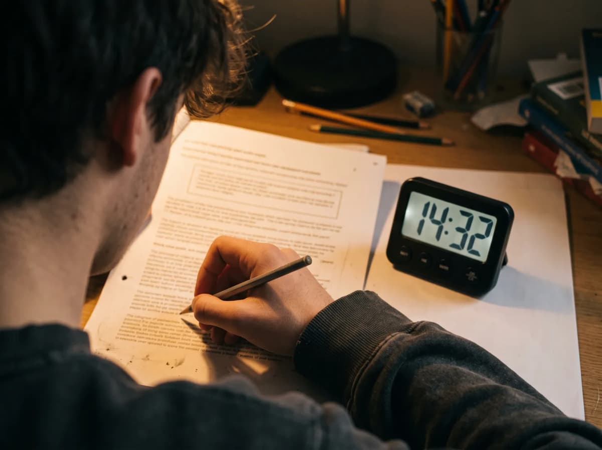 A candidate working through a past paper with a timer visible on the desk