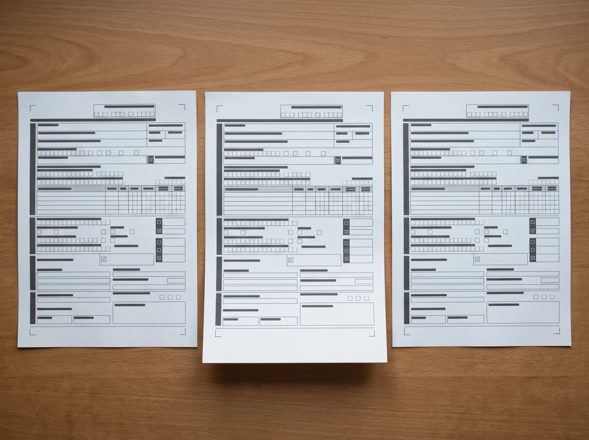 Three exam registration forms side by side on a desk, one pushed slightly forward