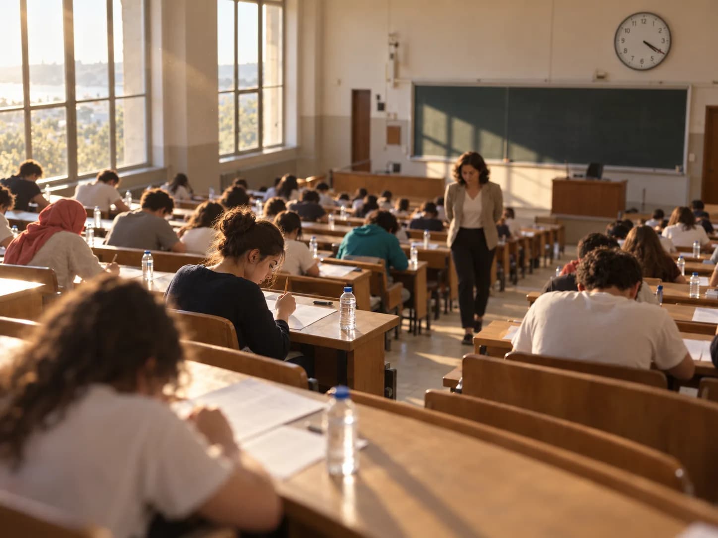 A large university exam hall with rows of candidates writing, an invigilator walking down the aisle and a wall clock above the board