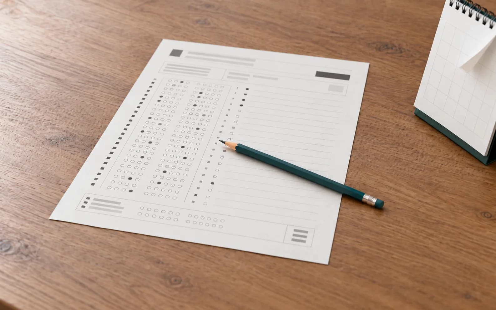 A pencil resting diagonally across a blank exam answer sheet on a wooden desk, with a closed desk calendar at the edge of frame